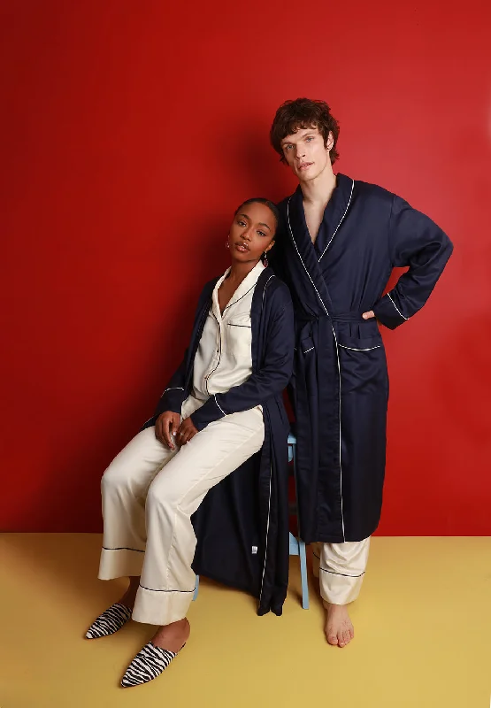 Weekend Price Cuts Galore Men's Mulberry Silk Robe - Midnight Navy with Ivory Piping