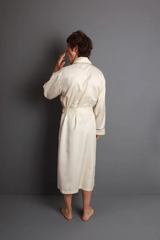 Weekend Deals That Impress Men's Mulberry Silk Robe - Natural Ivory with Navy Piping