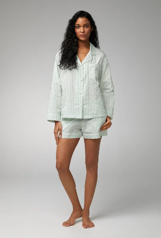 Mint 3D Stripe Long Sleeve Classic Woven Cotton Sateen Shorty PJ Set