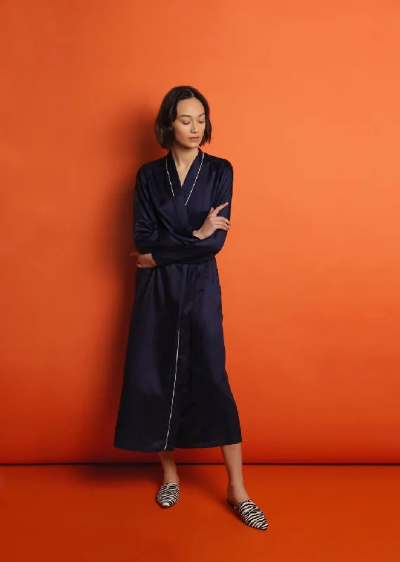 Weekend Bargains Just for You Mulberry Silk Robe - Midnight Navy with Ivory Piping