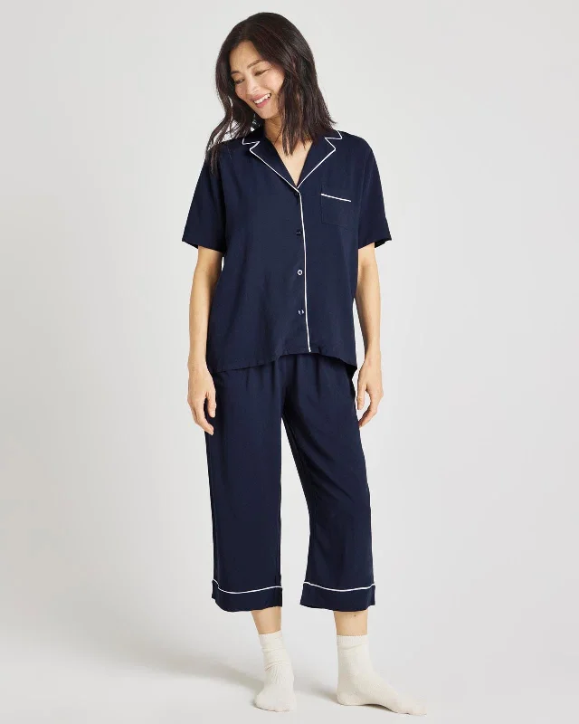 Closeout Deal Navy Blazer Notch Top & Crop Pant PJ Set
