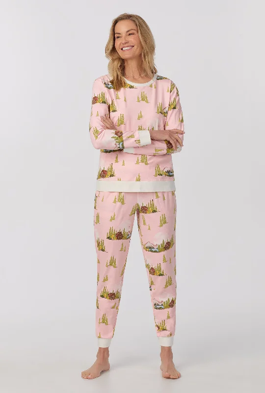 Weekend Savings Sensation Pine Lake Long Sleeve Pullover Crew and Jogger Stretch Jersey PJ Set