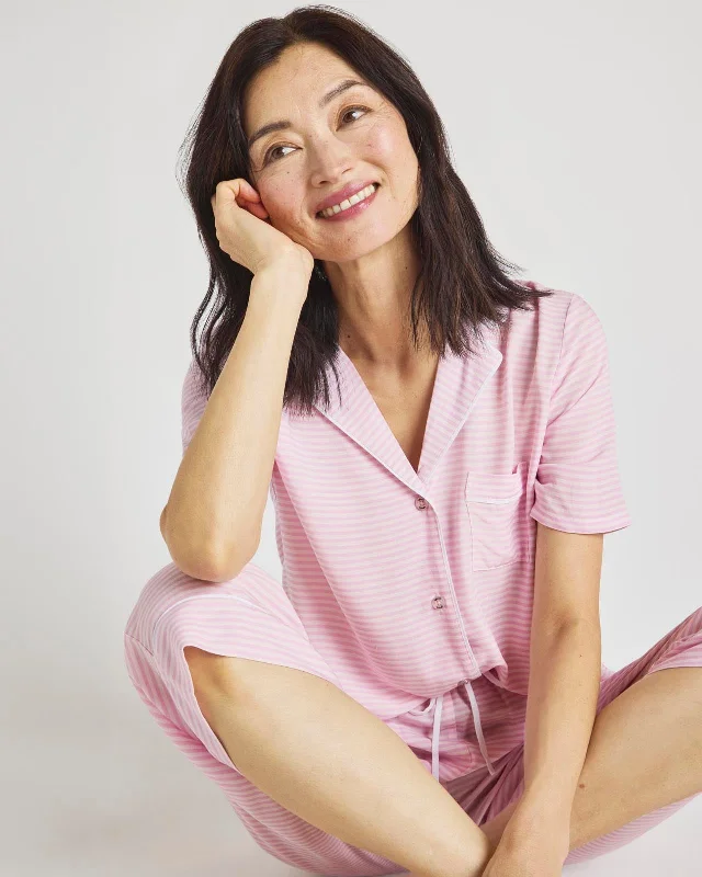 Special Discount Pink Feeder Stripe Notch Top & Crop Pant PJ Set