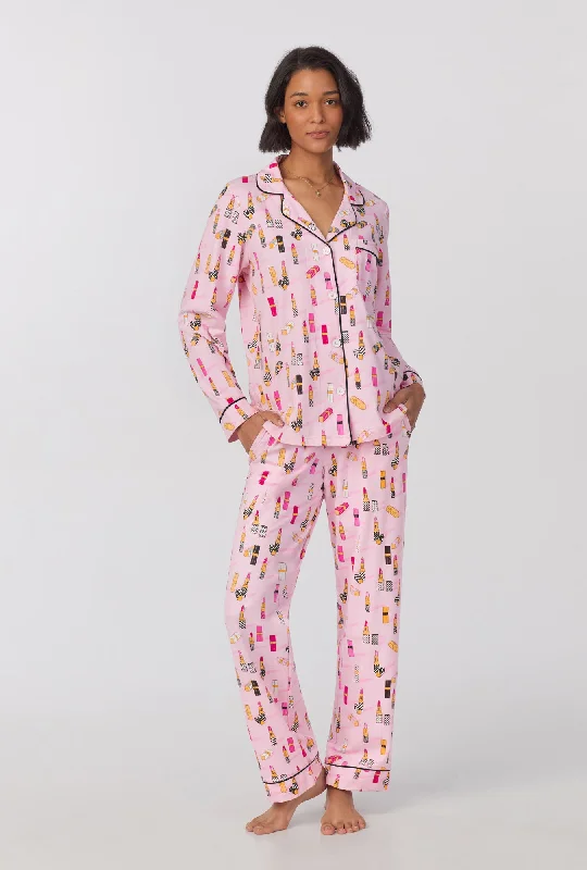 Overstock Sale Pretty In Pink Long Sleeve Classic Stretch Jersey PJ Set