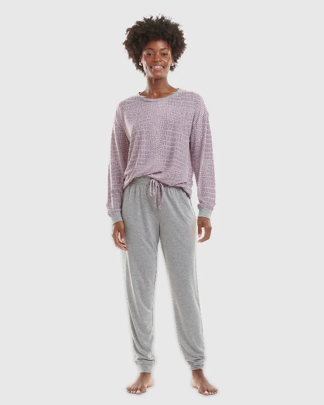 Discount Mania Purple Animal Print Heather Grey Pullover Jogger PJ Set