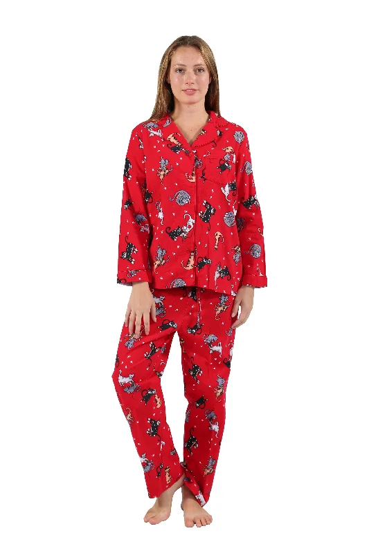 Weekend Deals That Impress Red Flannel Cat Print Pajama Set