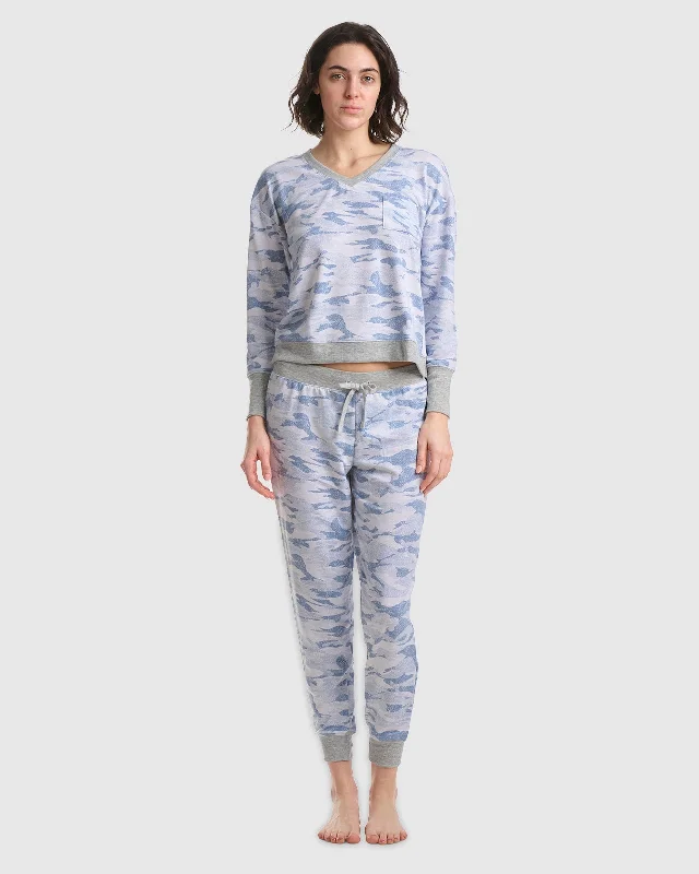 Weekend Specials to Love Sandwash Blue Camo V-Neck Jogger PJ Set