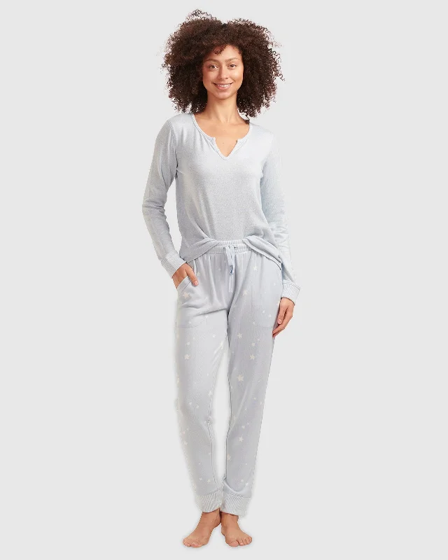 Weekend Bargains to Celebrate Starry Celestial Blue Split Neck Pullover PJ Set