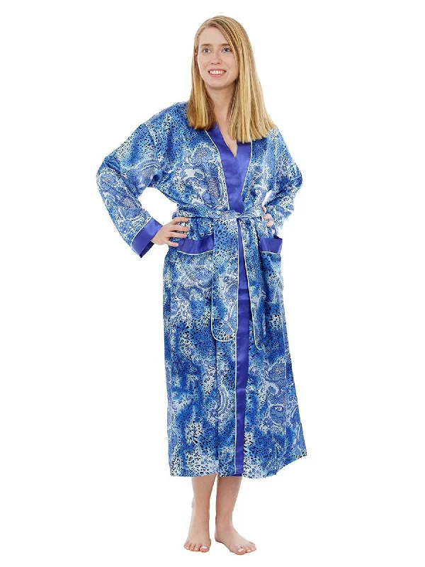 Women's Long Robe, Satin, Blue Animal Print with Pockets