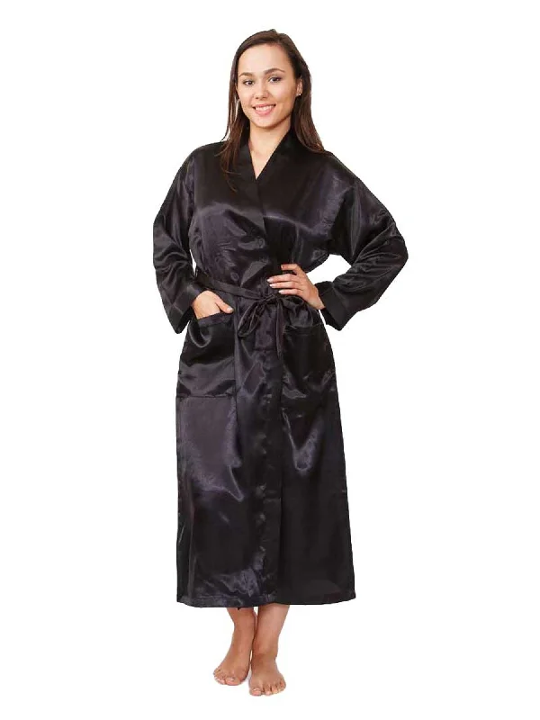 Women's Long Robe, Satin, Solid Black with Pockets