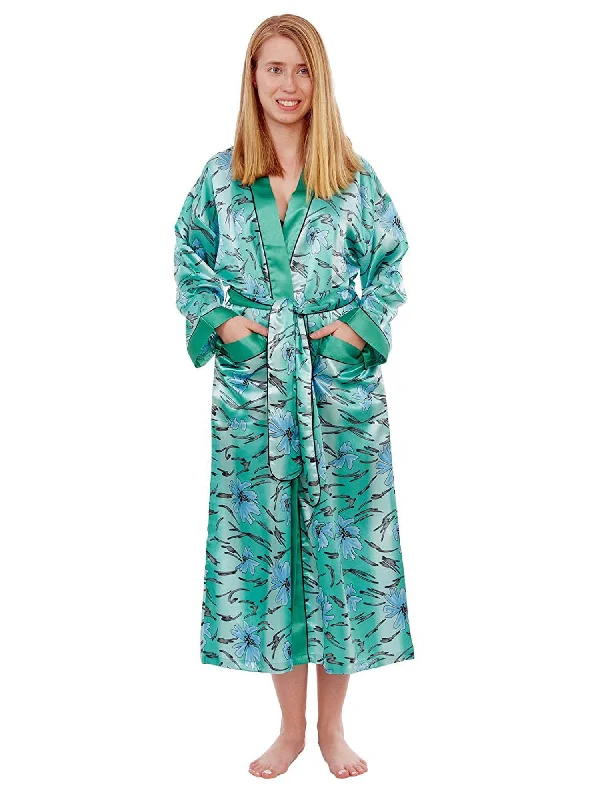 Women's Long Robe, Satin, Underwater Lilies Print with Pockets