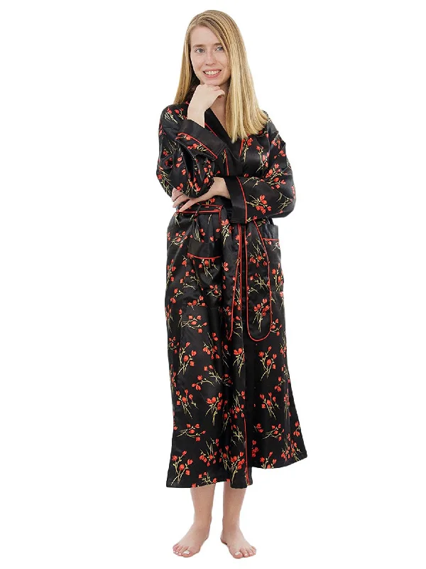 Women's Long Robe, Satin, Vintage Rose Print with Pockets