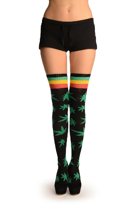 Black With Green Leaves and Stripes Over The Knee Socks