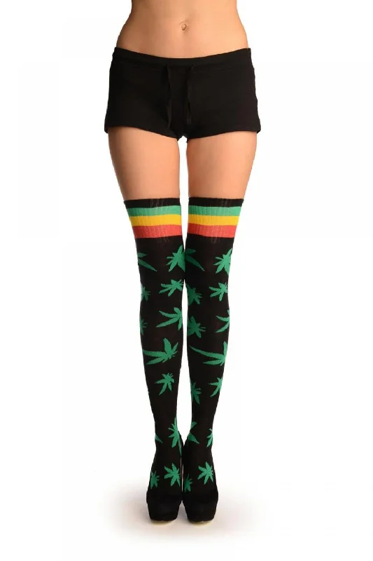 Black With Green Leaves and Stripes Over The Knee Socks