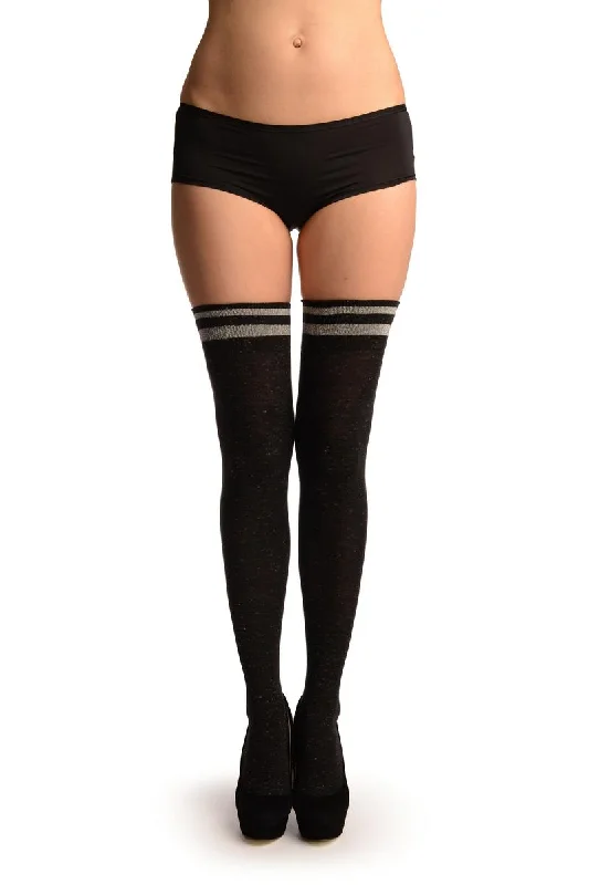 Black With Silver Lurex & Stripes Over The Knee Socks