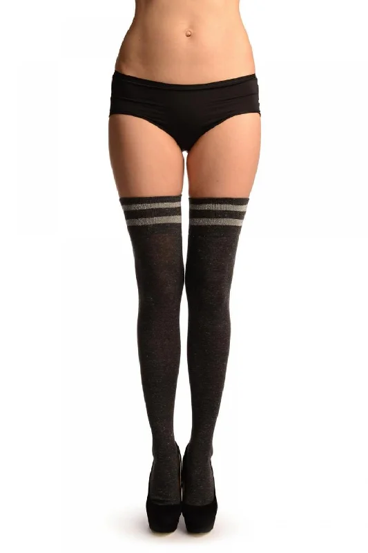 Dark Grey With Silver Lurex & Stripes Over The Knee Socks