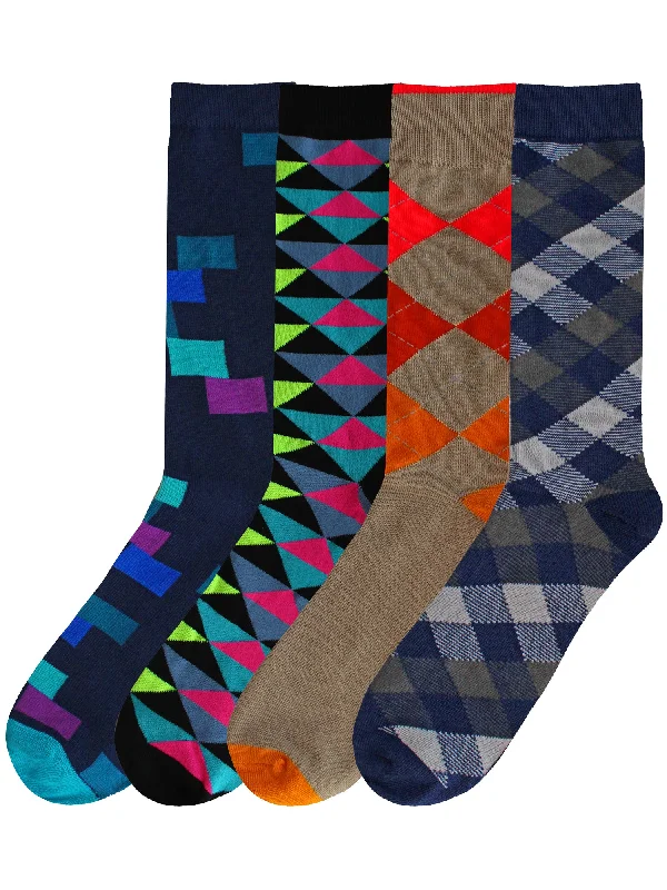 Don't Delay Geometric & Argyle Colorful Mens Combo 4-Pack Dress Socks