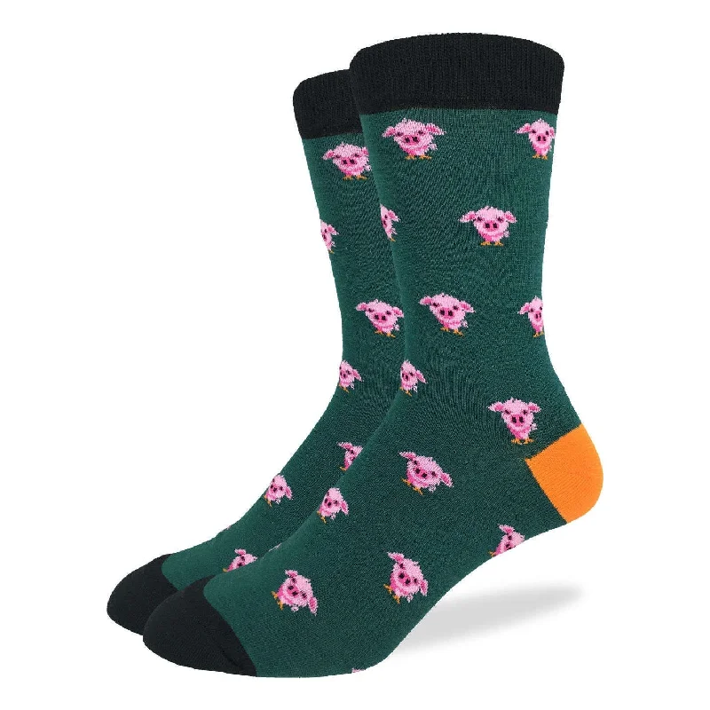 Super Savings "Green Pigs" Cotton Crew Socks by Good Luck Sock - Large