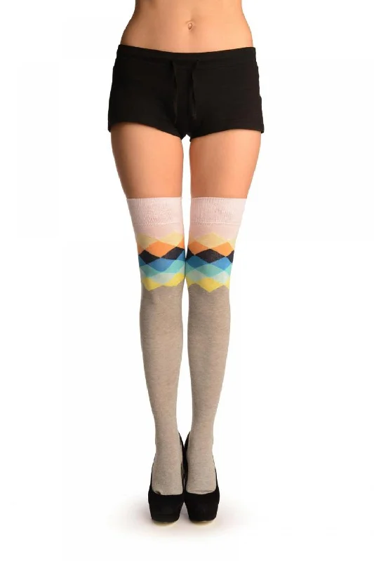 Grey With Pink Harlequin Top Over The Knee Socks