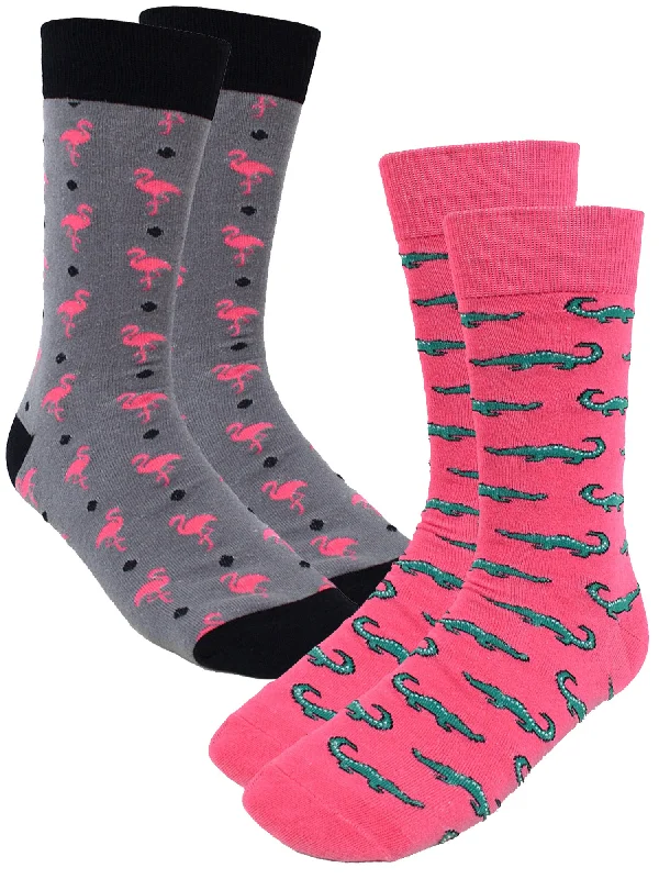Massive Deal Pink Flamingos & Alligators 2 Pack Mens Novelty Crazy Dress Crew Socks