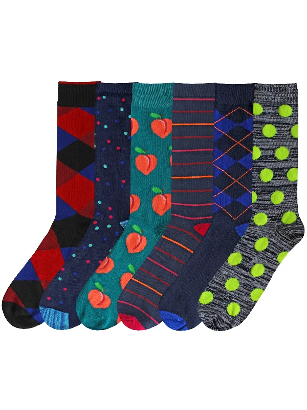 Extra Savings Printed Mens Crazy Combo Novelty 6-Pack Dress Socks