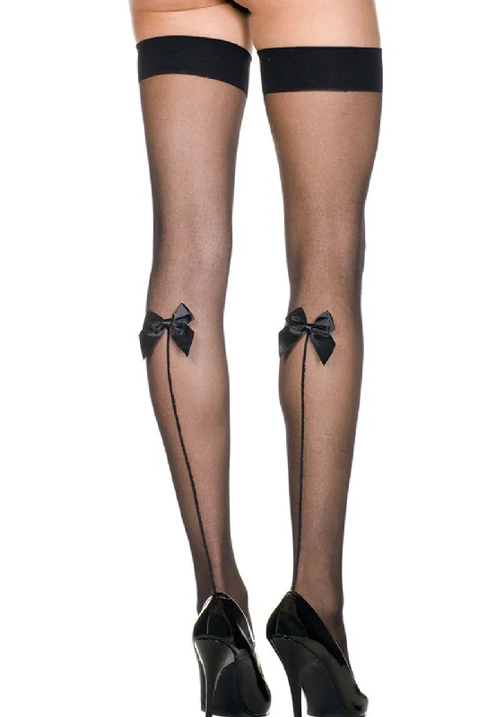 Reduced Price Sheer Black Thigh High Stockings with Satin Bow