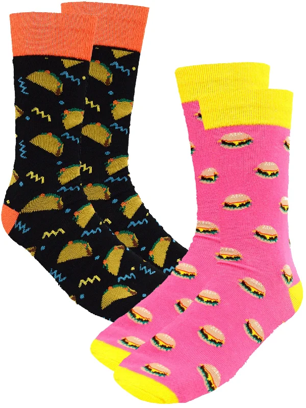 Hurry In Tacos & Hamburgers 2 Pack Mens Novelty Crazy Dress Crew Socks