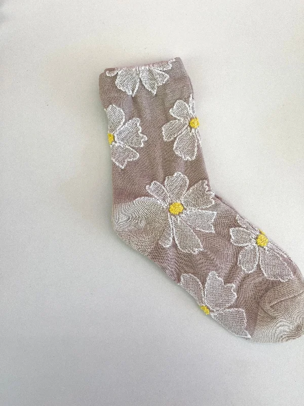 Unwind with Weekend Discounts White Big Flower Socks Beige