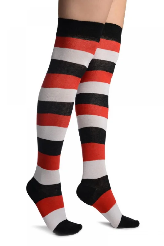 White, Red And Black Stripes Over The Knee Socks